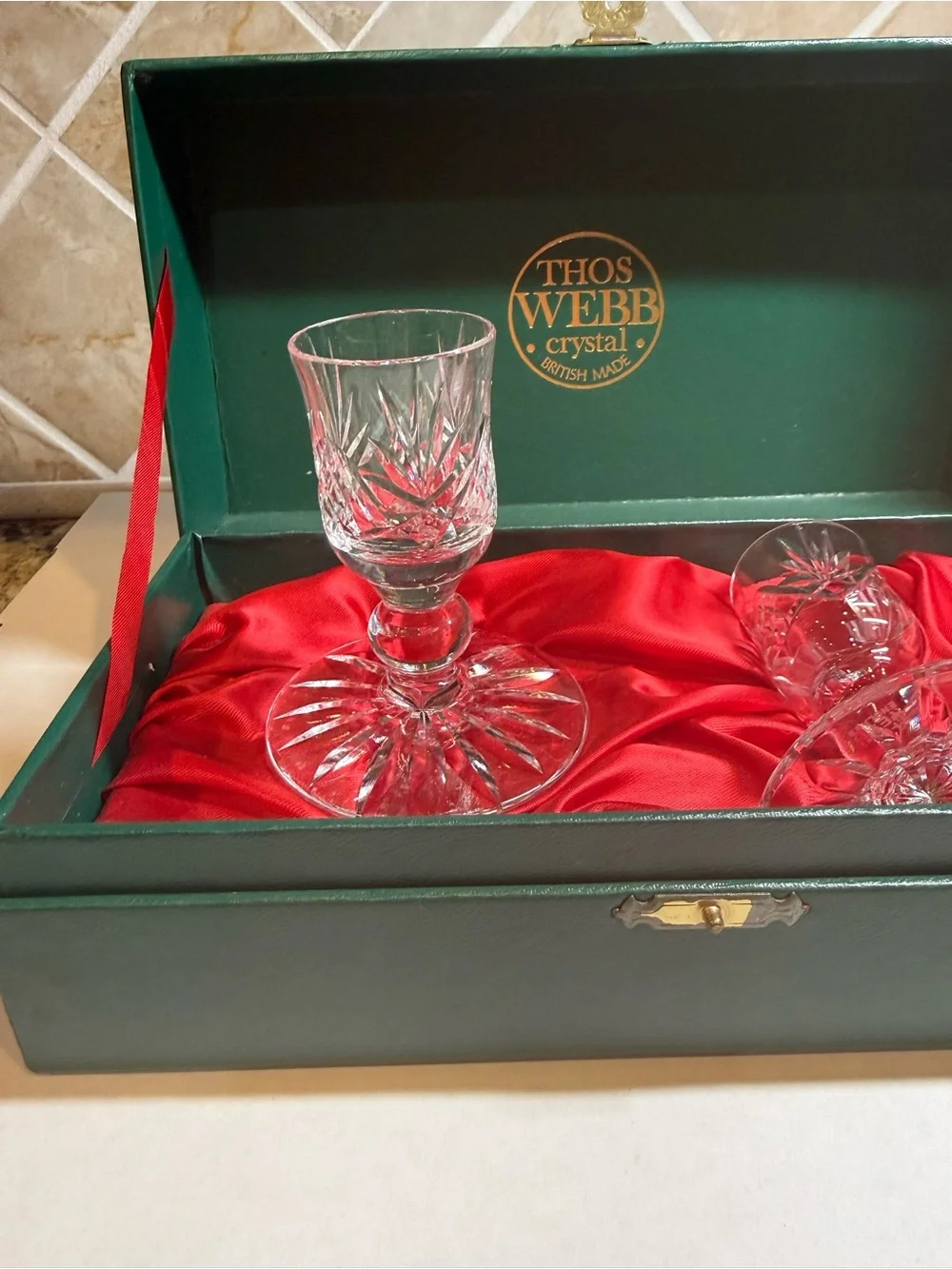 Thos Webb Crystal Cut Cordial Liqueur Glasses, pair with original box, England.